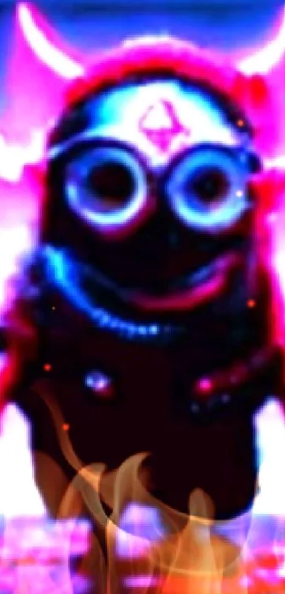 Neon-themed minion with devil horns glowing in pink and blue.