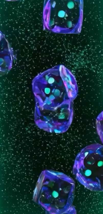 Glowing neon dice with abstract background.