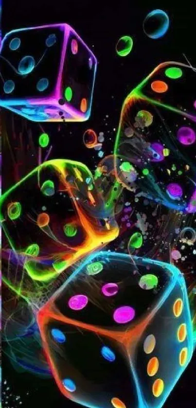 Abstract neon dice with vibrant colors on a black background.