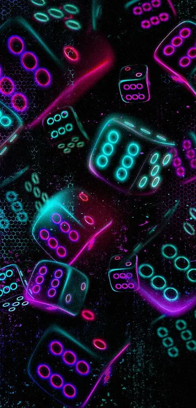 Colorful neon dice with black background.