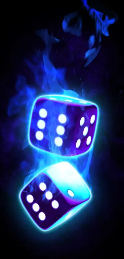 Vibrant neon dice with blue glow on black background.