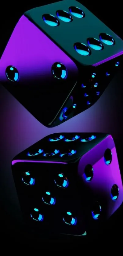 Neon dice glowing against black background.