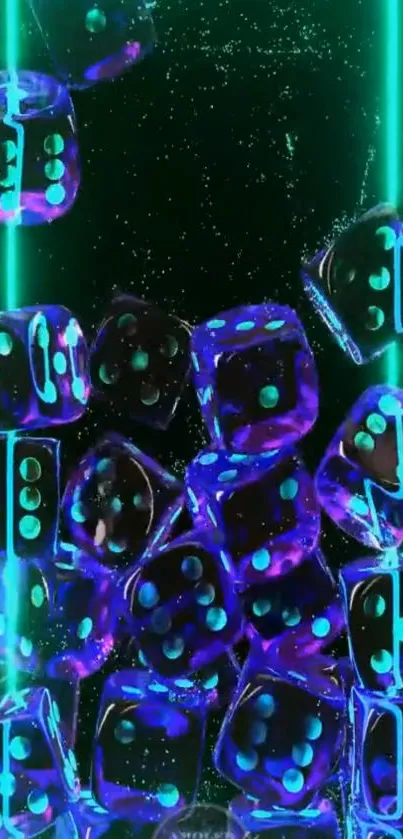 Neon blue glowing dice mobile wallpaper with abstract background.