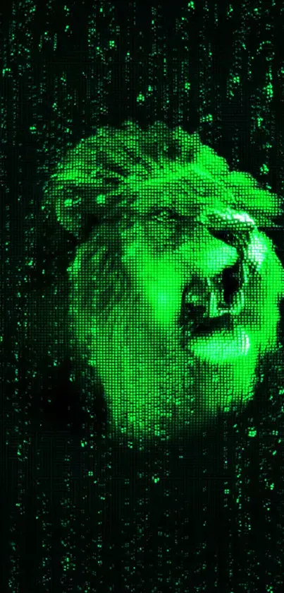 Neon green digital lion face on a dark background.