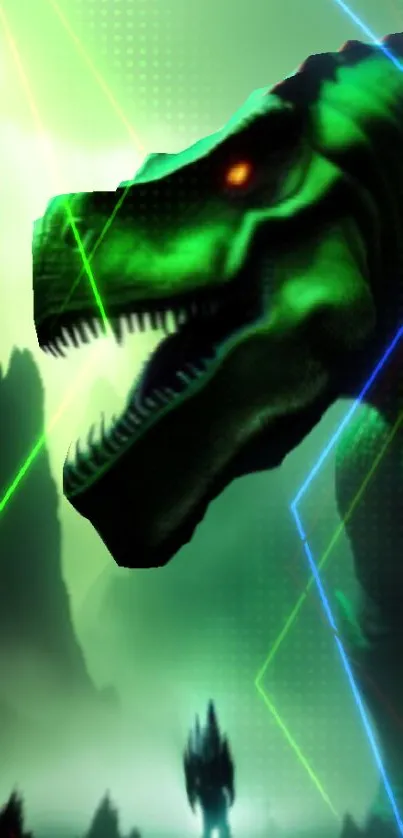 A neon-lit T-Rex in a futuristic jungle setting with mountains.