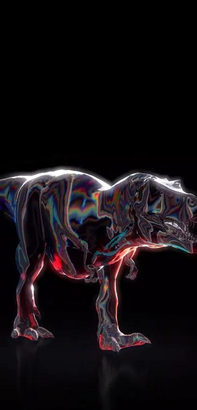 Vibrant neon dinosaur art with black background.