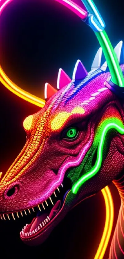 Vivid neon dinosaur artwork with glowing colors on a dark background.