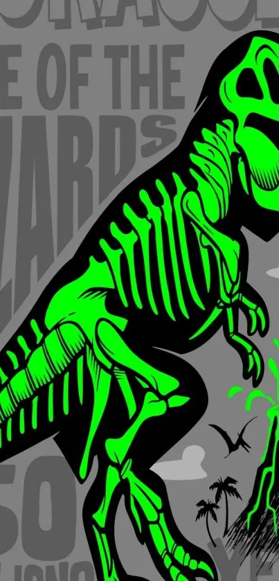 Neon green T-Rex dinosaur art on grey background.