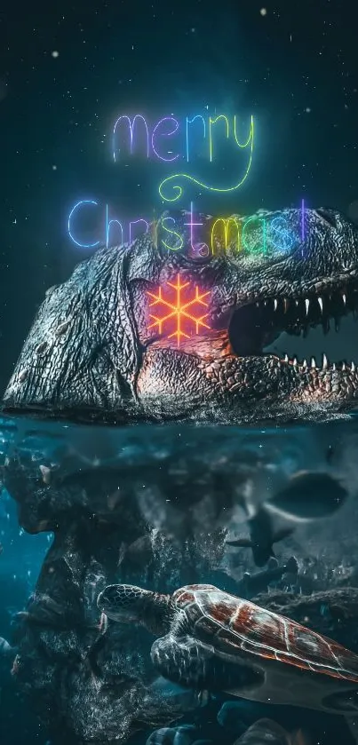 Christmas neon dinosaur emerging from sea with festive lights.