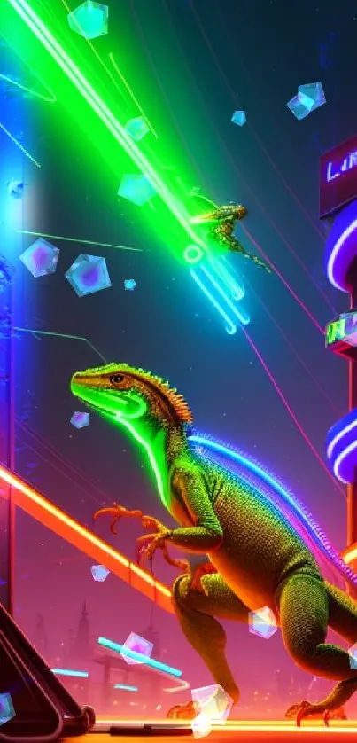 Neon dinosaurs roam a futuristic cityscape with vibrant, colorful lights.