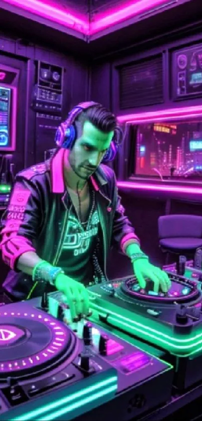 Neon DJ in cyberpunk-themed booth with vibrant colors.