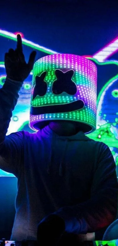 Neon DJ with helmet in a lively rave scene filled with colorful lights.