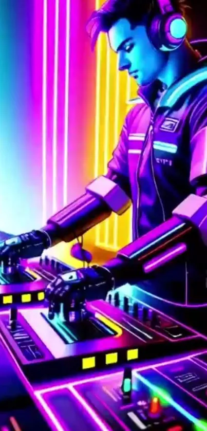 Futuristic neon DJ mixing music with vibrant colors.