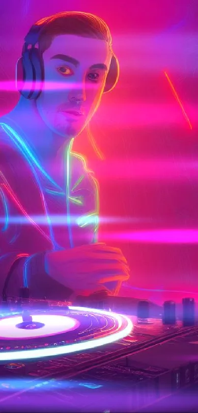 Vibrant neon DJ art wallpaper with purple and pink hues.