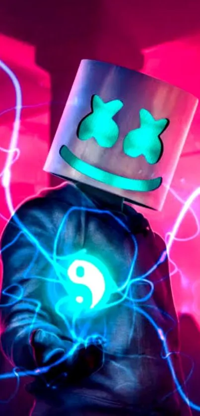 DJ wearing helmet with neon lights and electric glow.