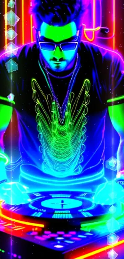 Neon-lit DJ in a vibrant party scene with dynamic colors and modern flair.