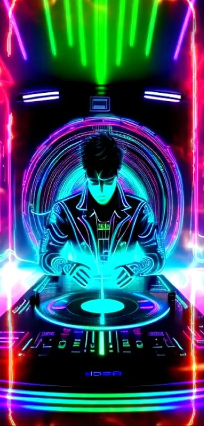 Neon-themed DJ in a futuristic club setting.