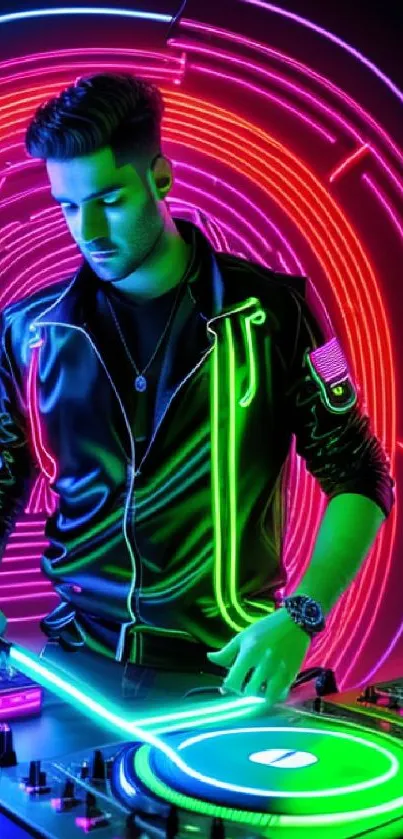 Neon DJ performing under colorful lights with vibrant energy.