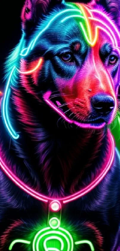 Neon dog artwork glowing vibrantly against a dark background.