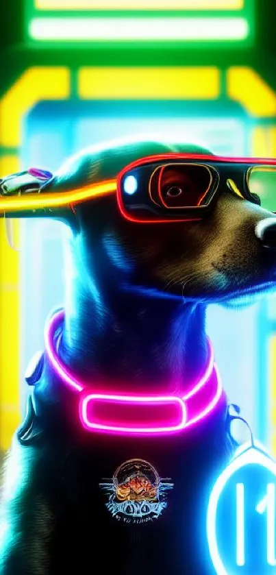 Techno dog in neon cityscape with vibrant colors.