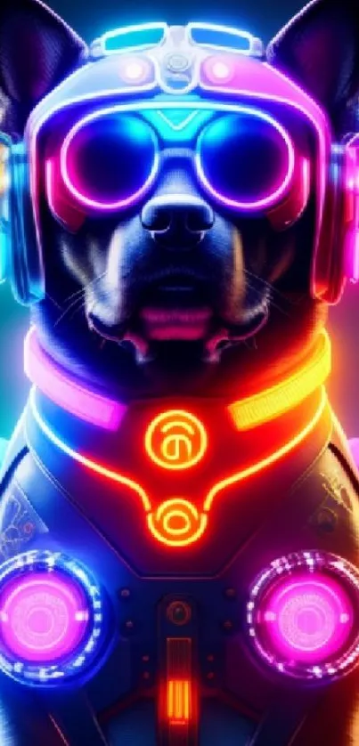 Neon-lit dog in cyberpunk style with glowing sunglasses.