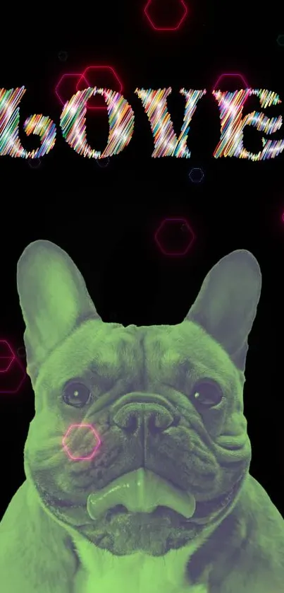 Neon green bulldog with love text and hexagonal lights.