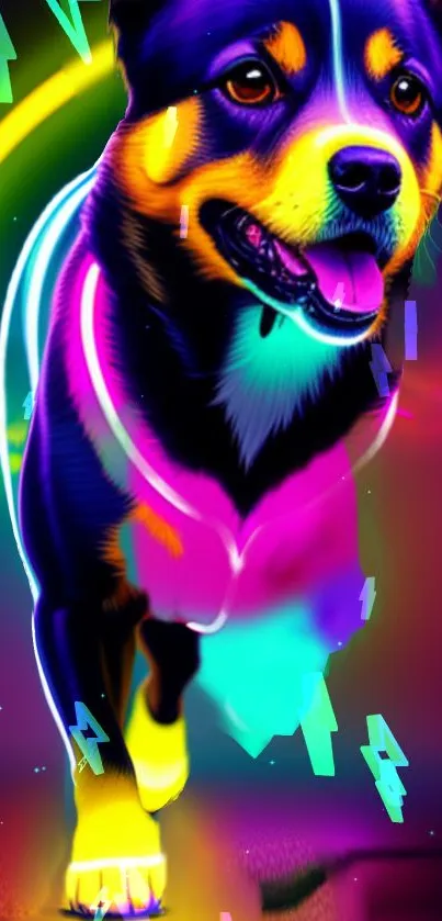 Neon dog in vibrant colors with electrifying background on mobile wallpaper.