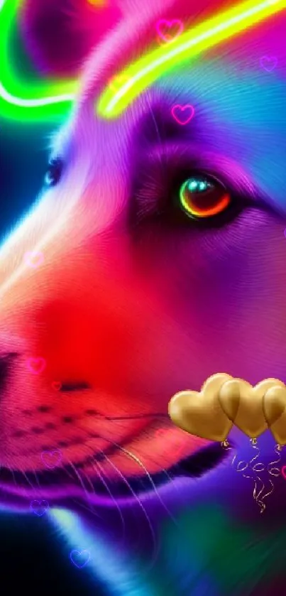 Neon dog with heart-shaped balloons in vibrant colors as mobile wallpaper.
