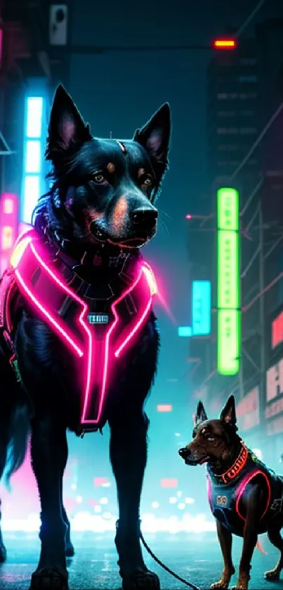 Neon-lit dogs in a cyberpunk cityscape with vibrant digital street art.