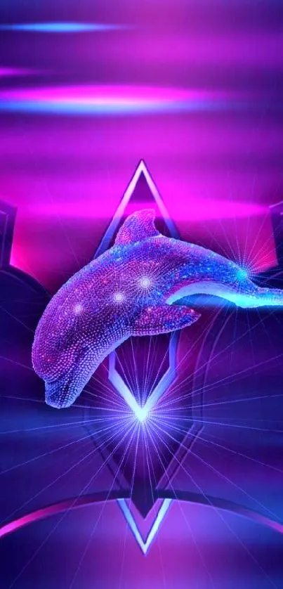 Neon dolphin on a vibrant purple background, digital art wallpaper.