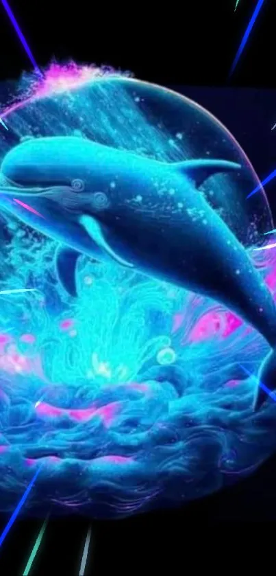 Neon dolphin swimming in a fantasy ocean with vibrant colors