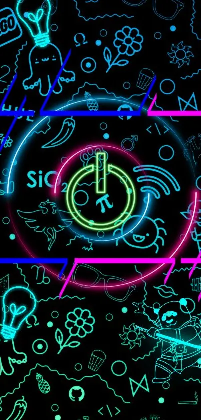 Neon doodle art wallpaper with vibrant colors and futuristic design elements.