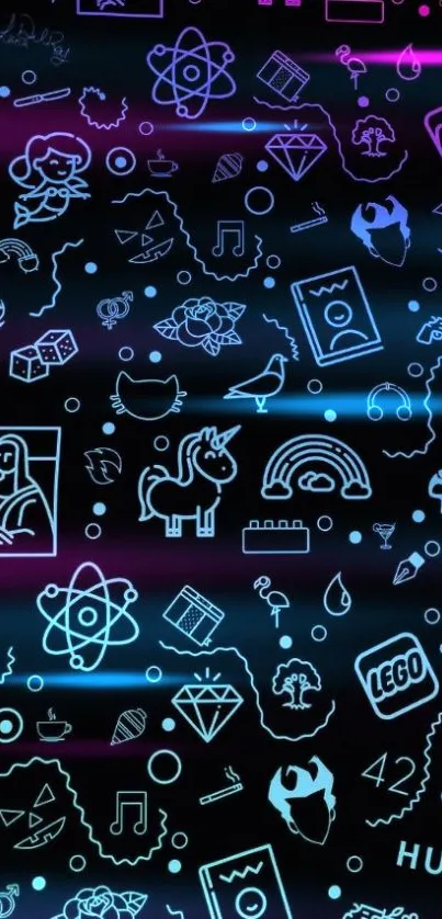 Neon doodle wallpaper with tech symbols on a dark background.