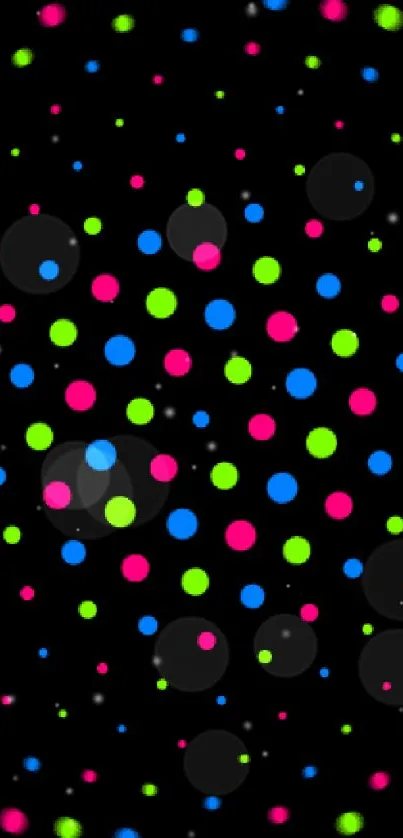 Vibrant neon dot pattern wallpaper on a black background.