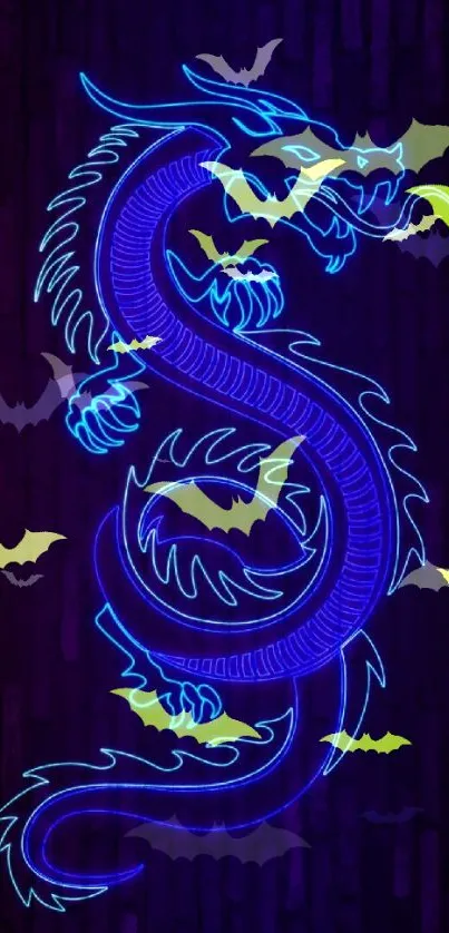 Neon dragon with glowing bats on a dark background.