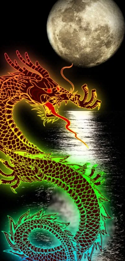 Neon dragon with moon reflection on water.