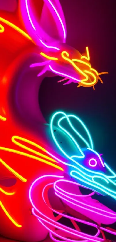 Neon dragon and mouse artwork with vibrant pink and orange hues.