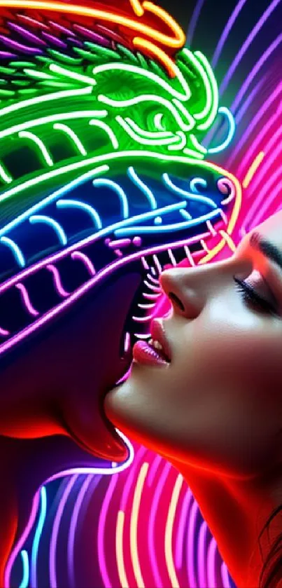 Vibrant neon art of a woman and dragon face to face.