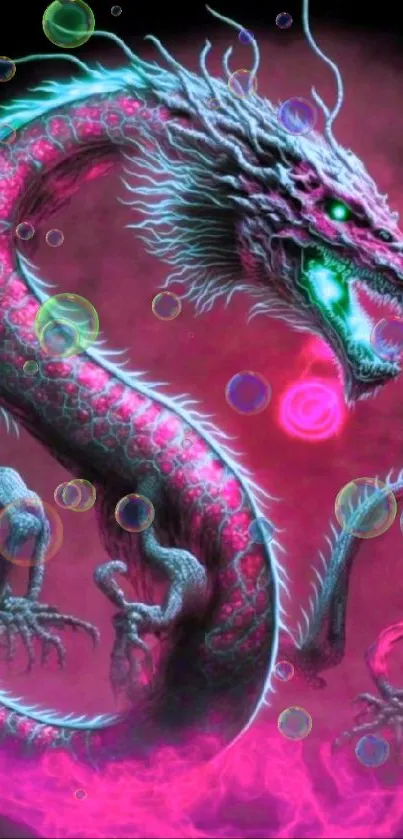 Neon dragon fantasy wallpaper with pink glow on black background.