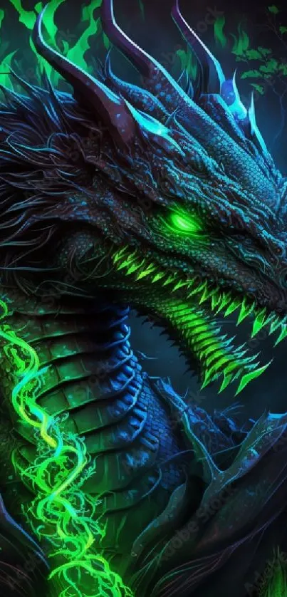 Neon green dragon with glowing scales on a dark background.