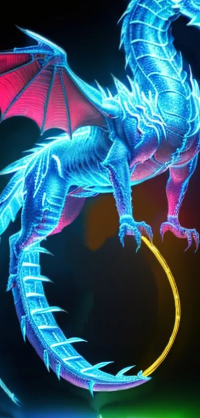 Electric blue neon dragon with glowing wings on dark background.