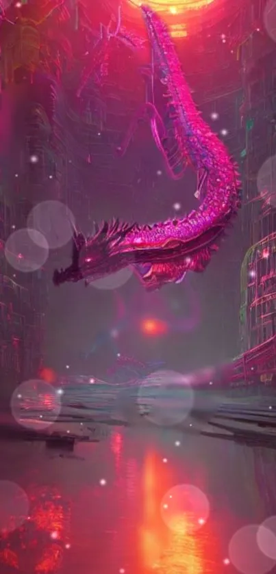 Vivid neon dragon soaring in a sci-fi landscape with glowing colors.