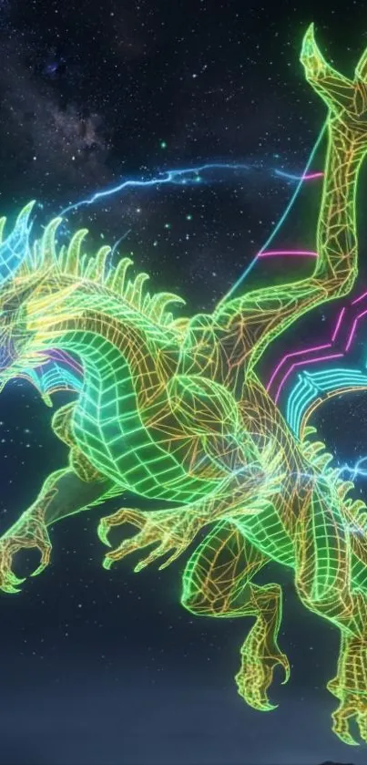 Neon dragon soaring in cosmic space with vibrant colors.
