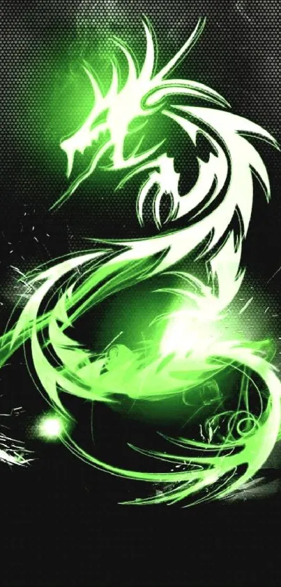 Neon green dragon design on black background.