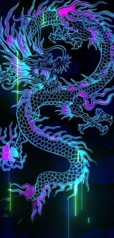 Vibrant neon dragon on a dark background with glowing colors.