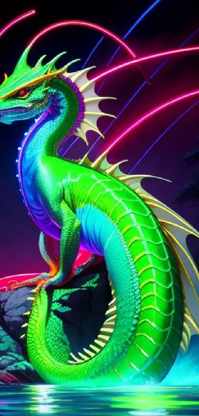 Vibrant neon dragon with colorful design on a mobile wallpaper.