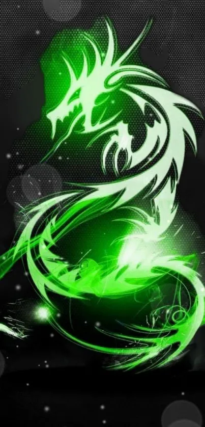 Neon green dragon on black background.