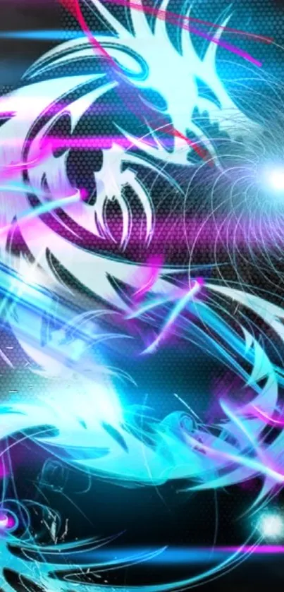 Neon dragon wallpaper featuring electric blue and pink swirls for mobile phones.