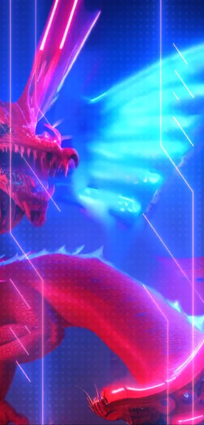 Neon dragon with blue and red glow on a futuristic mobile wallpaper.