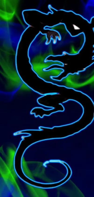 Neon dragon silhouette on blue and green background.